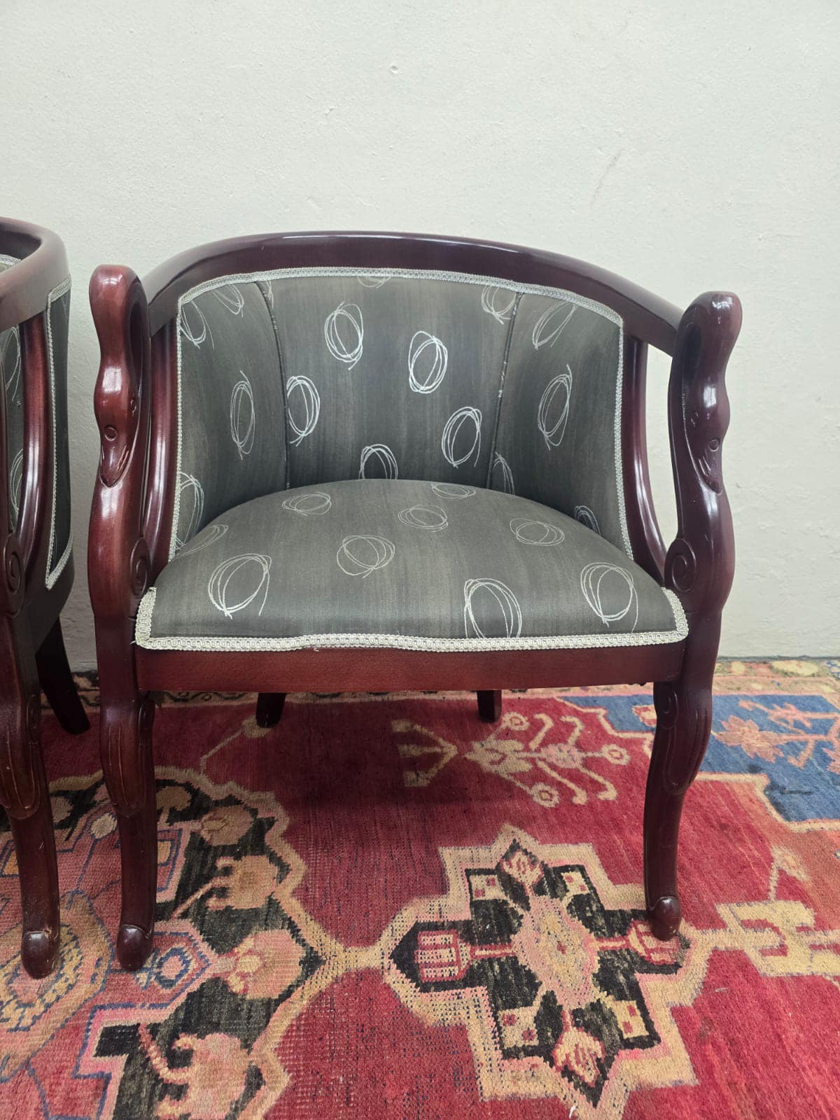 Pair of ornate Victorian Tub Chairs with solid wood frames with carved swans - Image 3