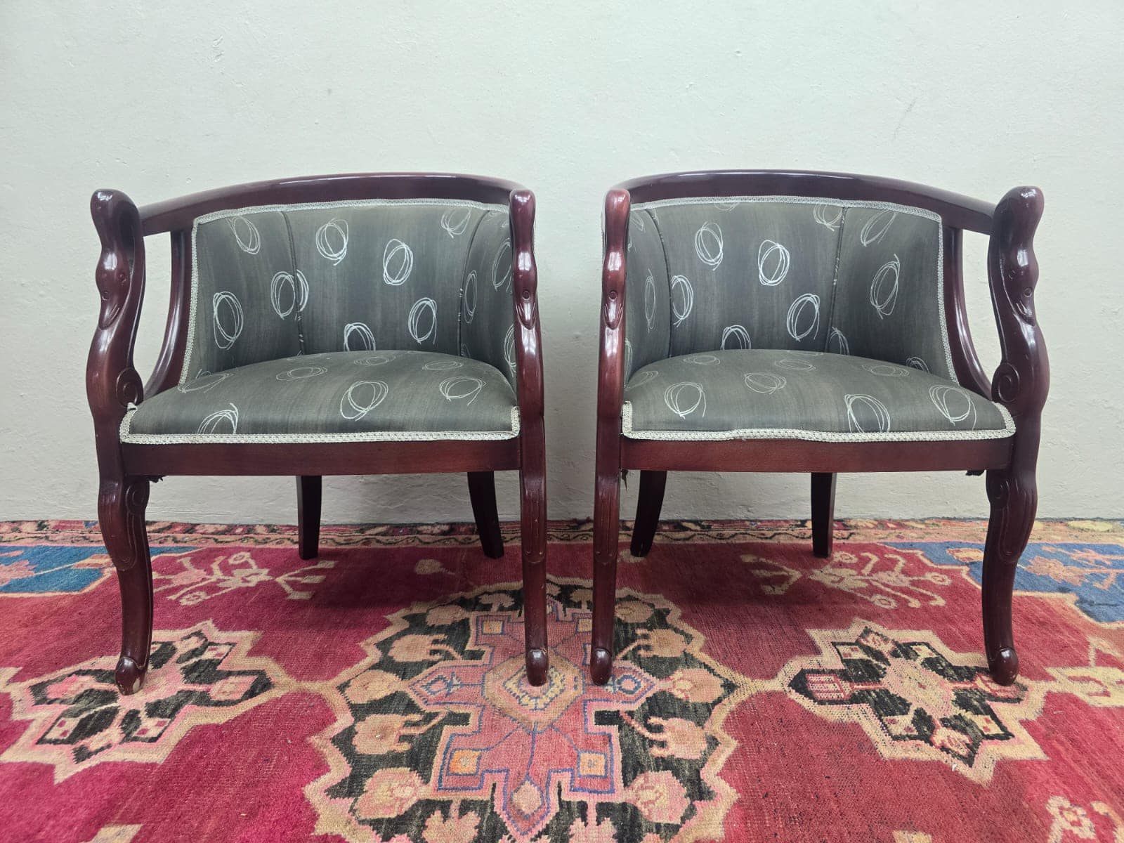 Pair of ornate Victorian Tub Chairs with solid wood frames with carved swans - Image 2